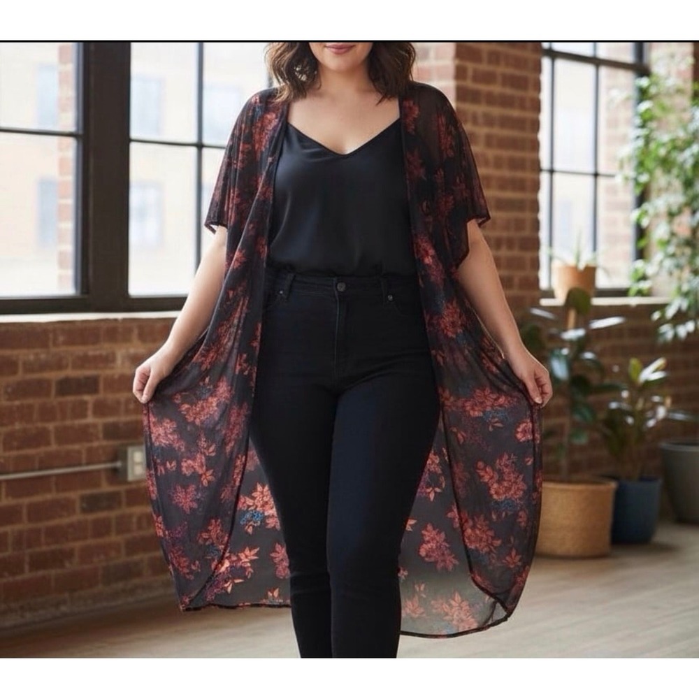 Torrid M/L Womens Sheer Floral Long Short Sleeve Kimono Sweater Whimsy Layering